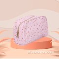Saco de maquiagem de sarja PU cruzado/saco de maquiagem com zíper de metal/bolinhas rosa pequenas bolsa de maquiagem à prova d'água